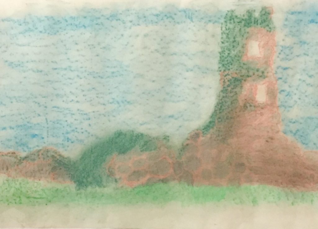 Pastel drawing of a ruined castle