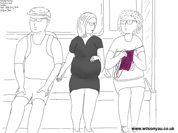Pregnant woman and woman knitting, Victoria line, London, 16th July 2013