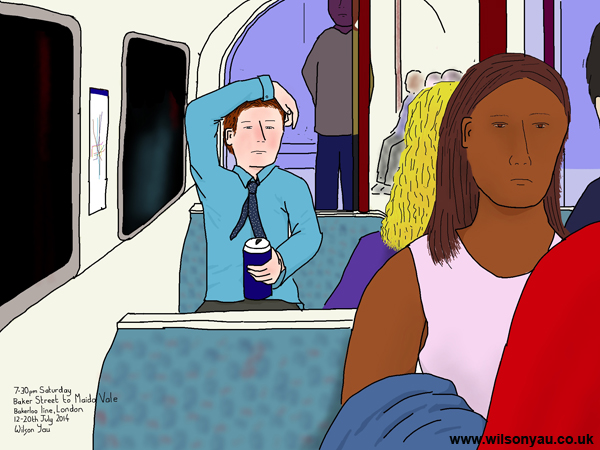 Drinking on a Saturday evening, Edgware Road to Maida Vale, Bakerloo line, 12th July 2014