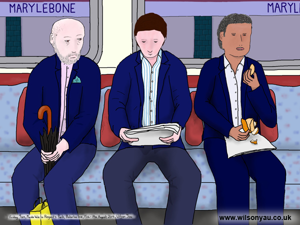 Blue suits, Friday morning, Maida Vale to Regent's Park, Bakerloo line, London 15th August 2014
