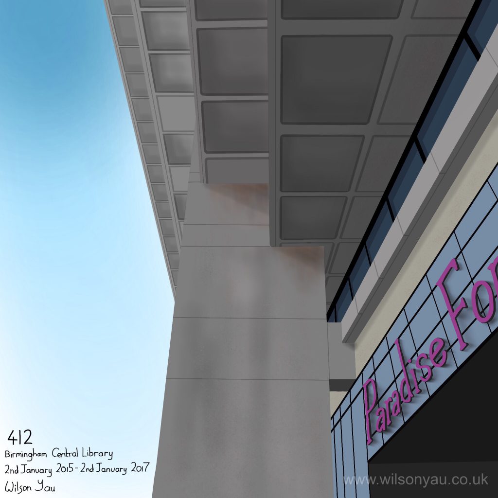 Drawing of the facade of Birmingham Central Library and entrance to Paradise Forum, 2nd January 2015. © Wilson Yau