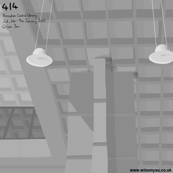 Drawing of interior, Birmingham Central Library, 2nd January 2015. © Wilson Yau