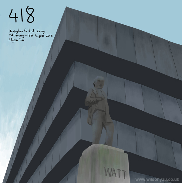  James Watt statue and Birmingham Central Library building, Birmingham, West Midland, England, 2nd January 2015 (Drawing 418)