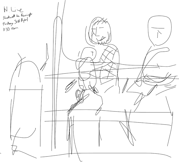 Onsite sketch of father and baby, 11.30am, Good Friday, 3rd April 2015, on a Northern line Tube train from Stockwell to Kennington station, London.