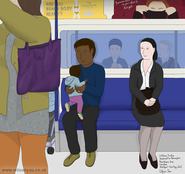 Father and baby, 11.30am, Good Friday, 3rd April 2015, on a Northern line Tube train from Stockwell to Kennington station, London