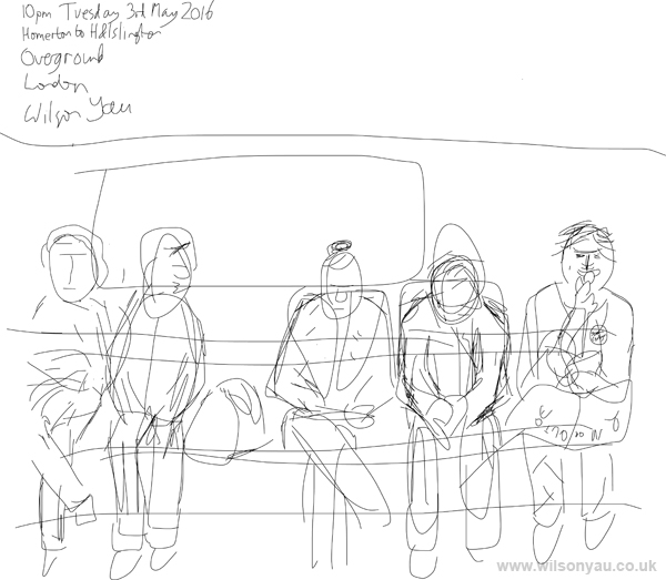 10pm Tuesday evening, Homerton to Highbury & Islington stations, Overground line, London, 3rd May 2016 (Drawing 654)