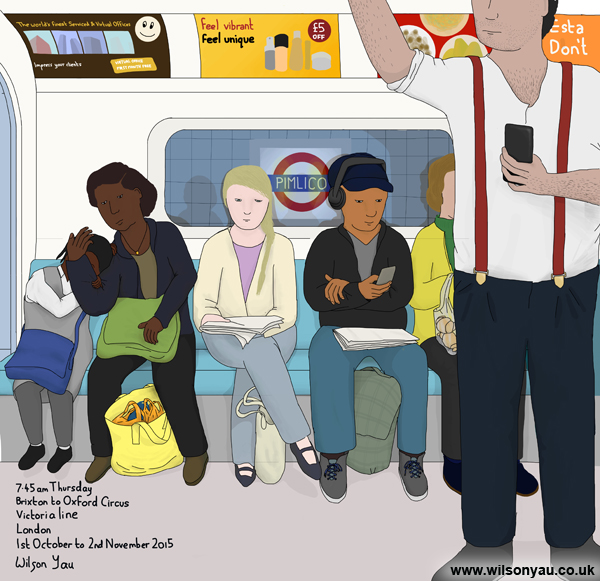 7.45am Thursday 1st October 2015, Brixton to Oxford Circus stations, Victoria line, London