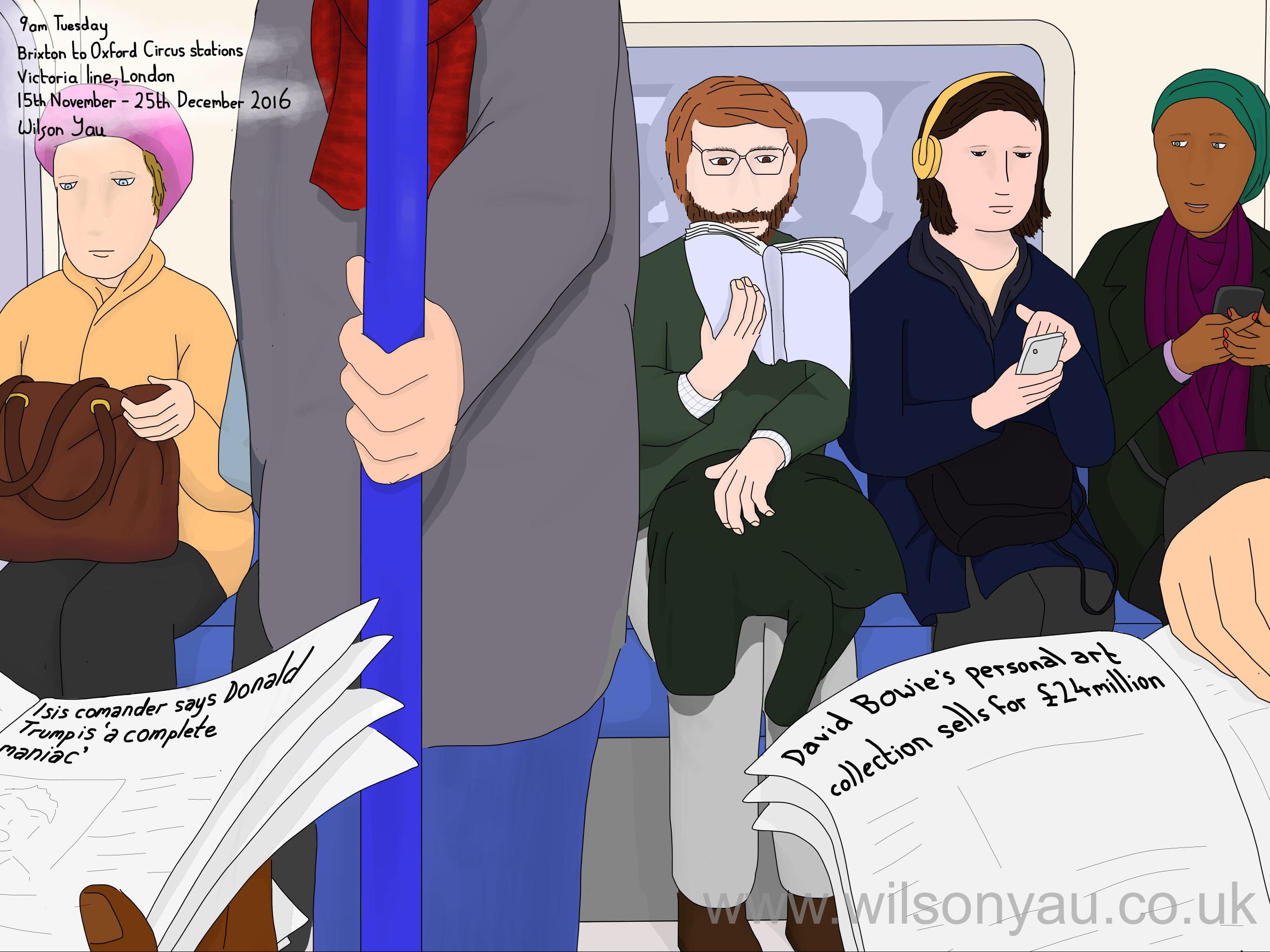 Morning commute, Victoria line, 15th November 2016 – Wilson Yau: I draw