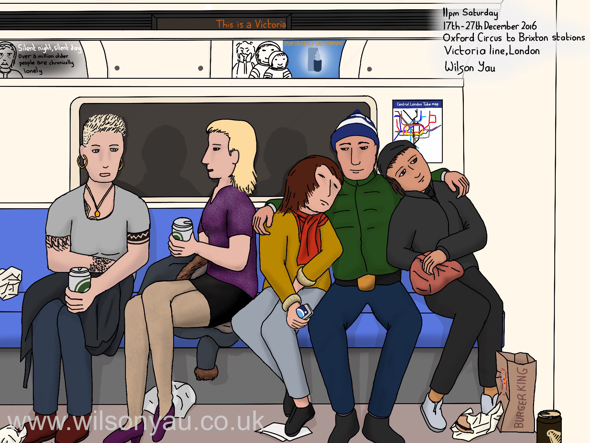 11pm Saturday, Oxford Circus to Brixton stations, Victoria line, London, 17th December 2016 (Drawing 807)