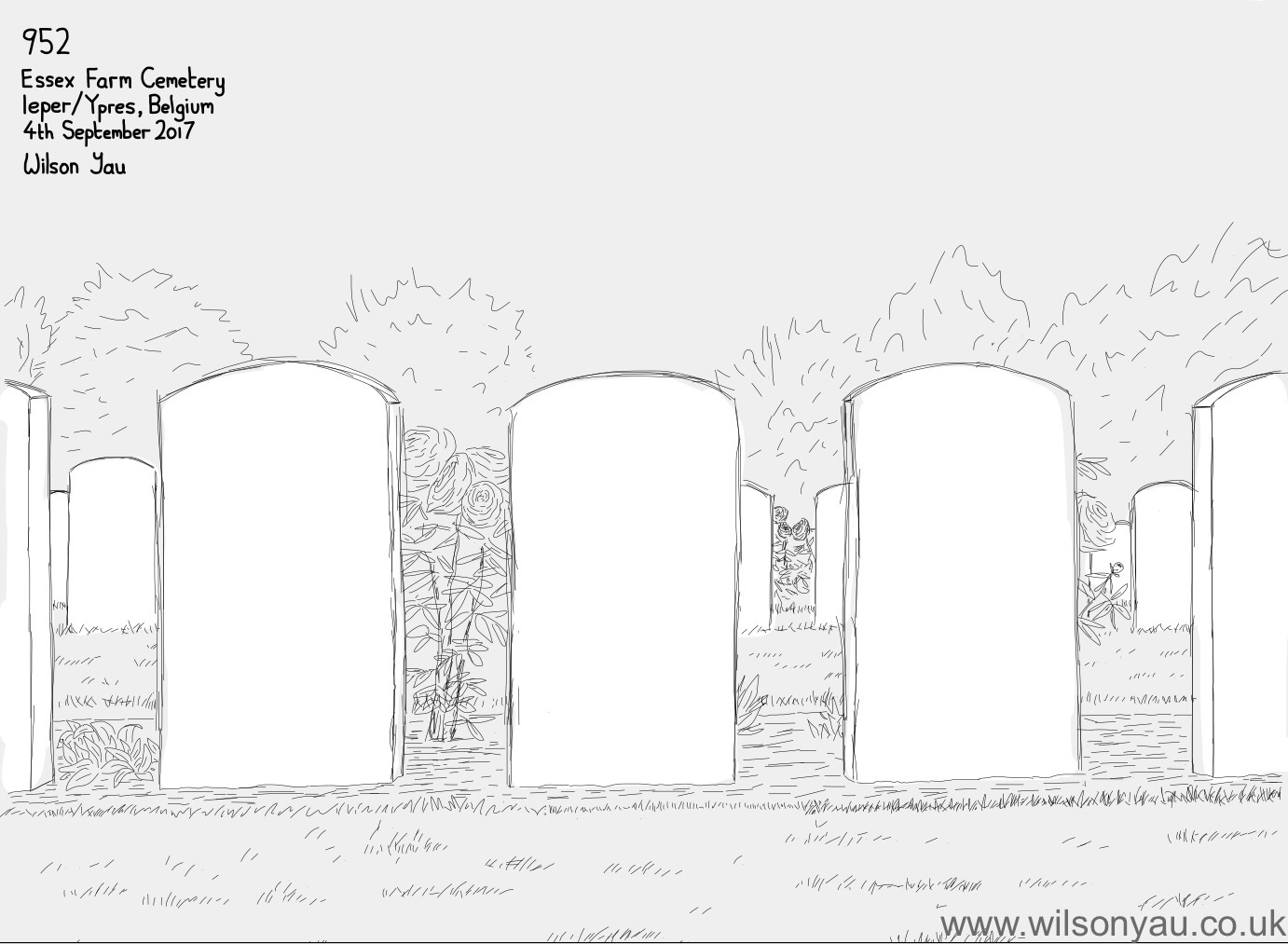 Drawing of Essex Farm Cemetery, Ieper (Ypres) Belgium, September 2017