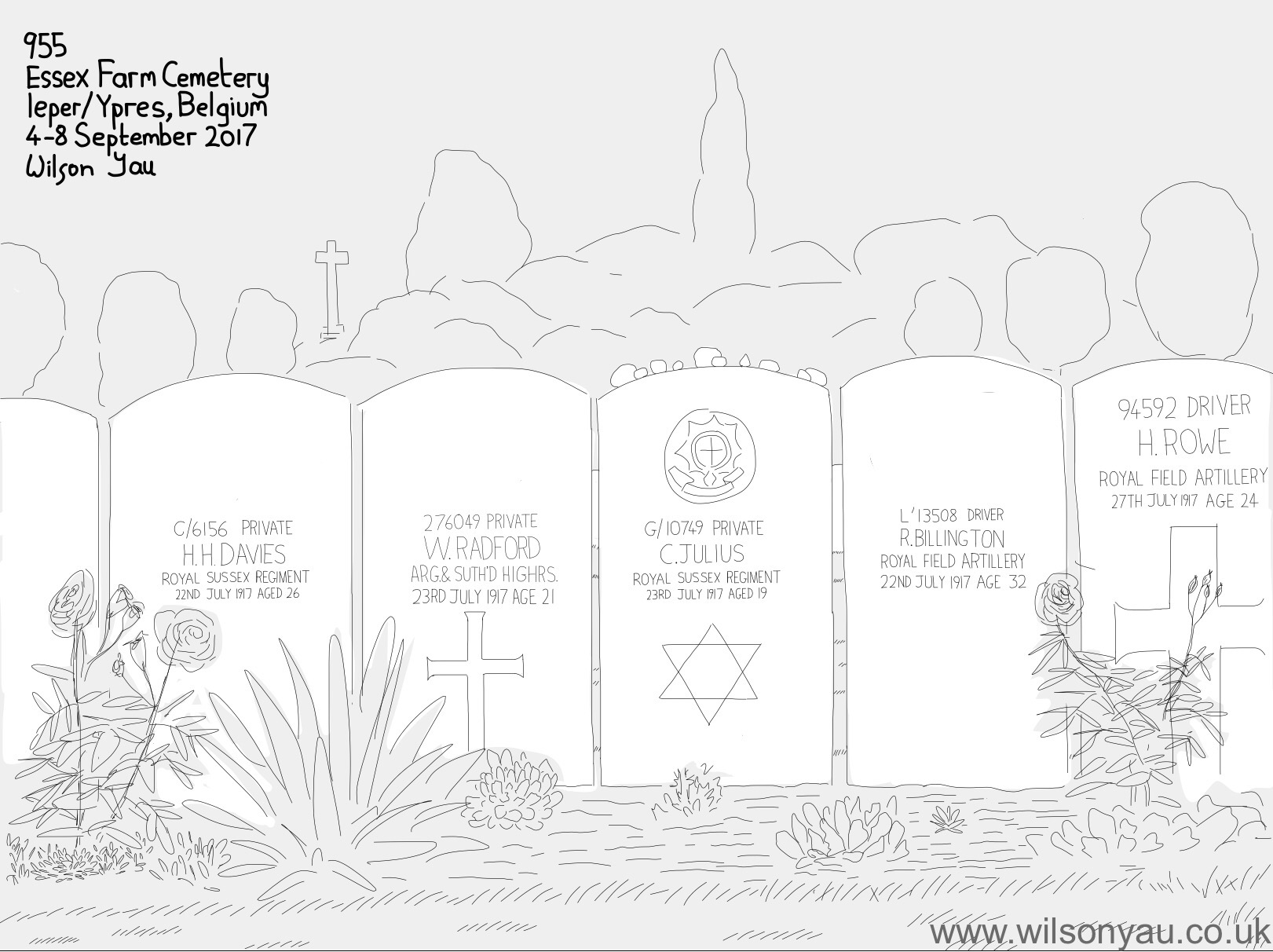 Digital drawing of World War One war cemetery, Ieper (Ypres) Belgium, September 2017