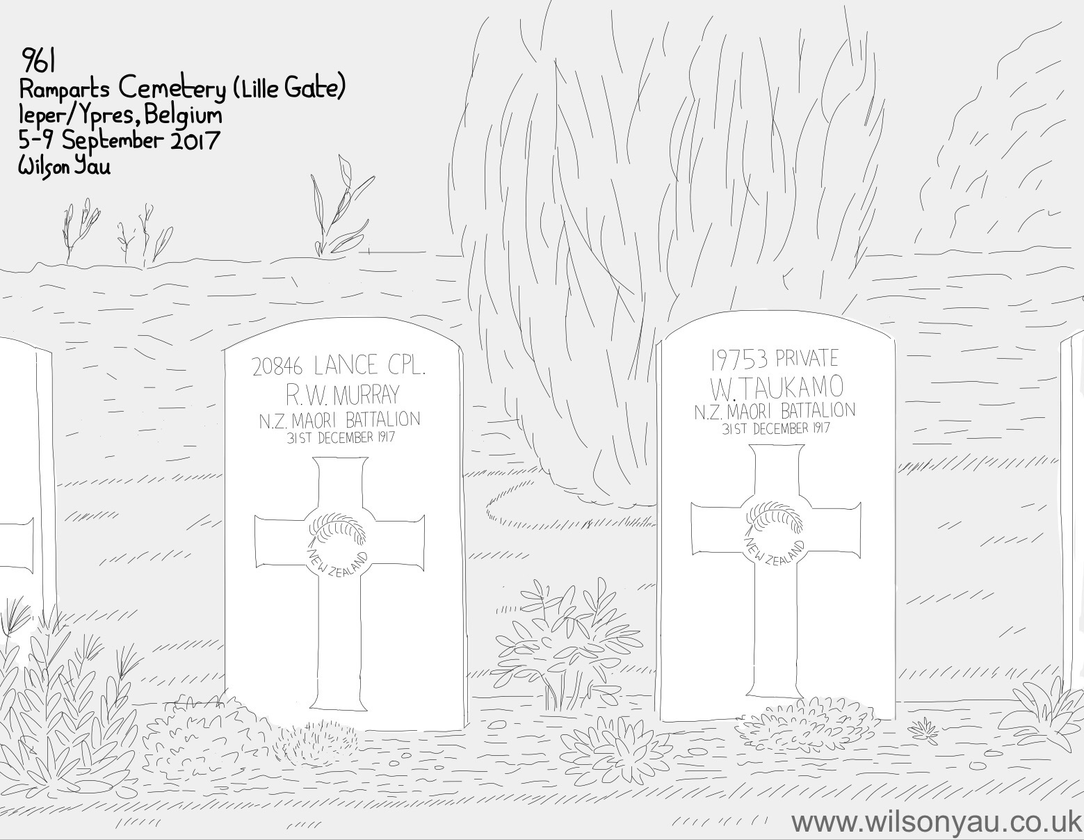 Digital drawing of World War One war cemetery, Ieper (Ypres) Belgium, September 2017