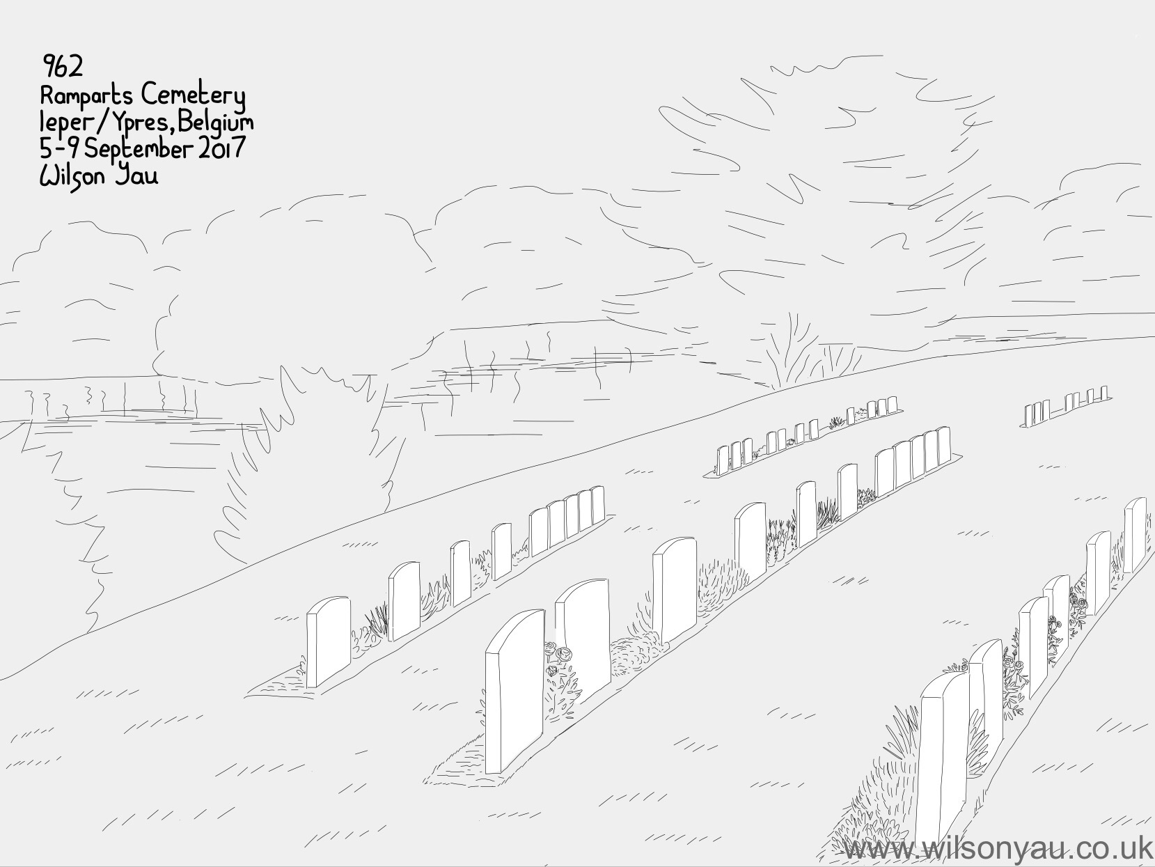 Digital drawing of World War One war cemetery, Ieper (Ypres) Belgium, September 2017