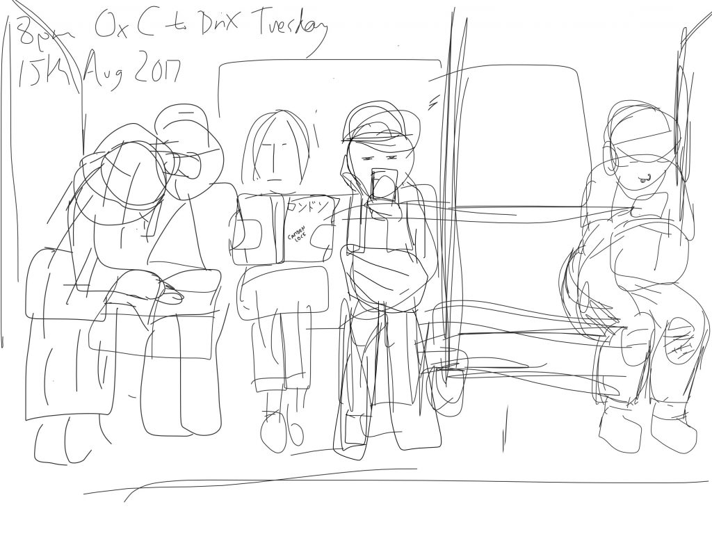 Onsite sketch of Japanese tourists, 8pm Tuesday, Oxford Circus to Brixton, Victoria line, London, England, 15th August 2017