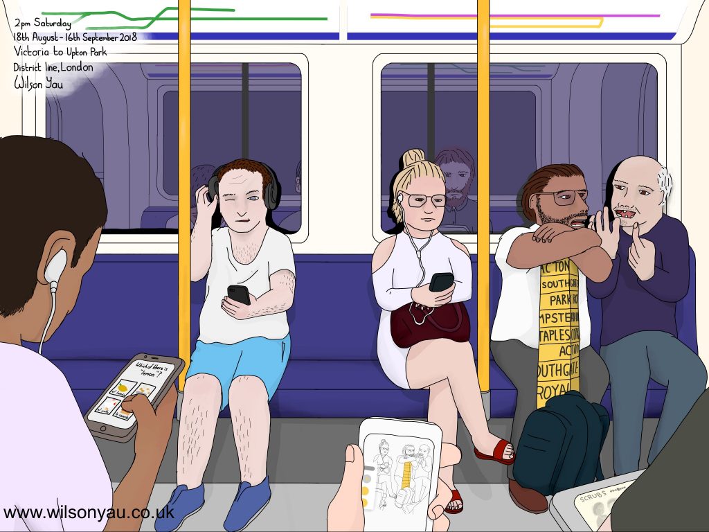 Saturday afternoon, Victoria to Upton Park, District line, London, 18th August 2018 (Drawing 1124)