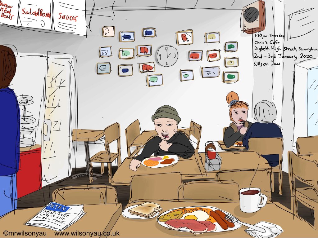 Drawing of the inside of Chris’s Cafe, Digbeth