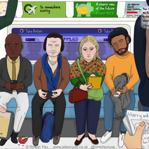 Digital drawing of a scene on the Tube, London