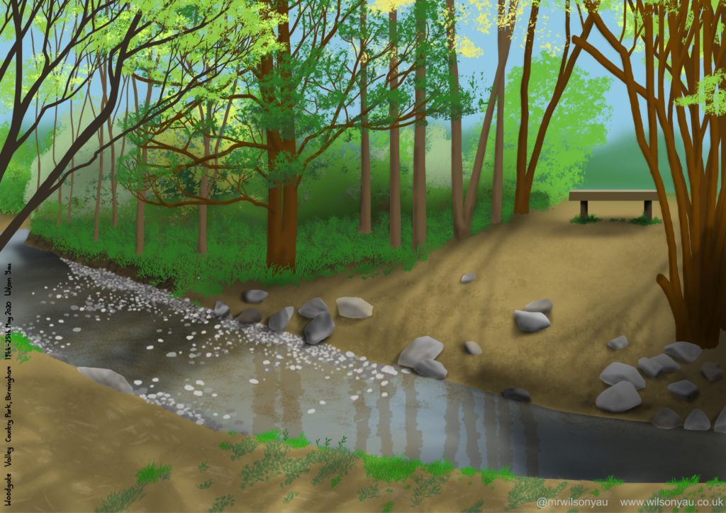 iPad drawing of a river, trees and a bench