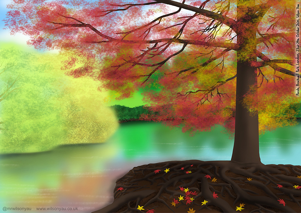 iPad drawing of a tree covered in red leaves next to a pond with reflections of trees.
