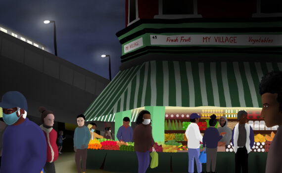 iPad drawing of Electric Avenue in the evening, with fruit stalls and crowds of people.