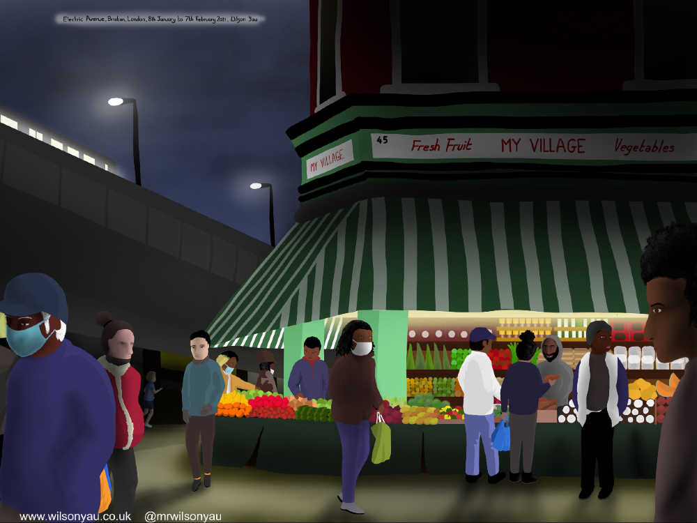 iPad drawing of Electric Avenue in the evening, with fruit stalls and crowds of people.