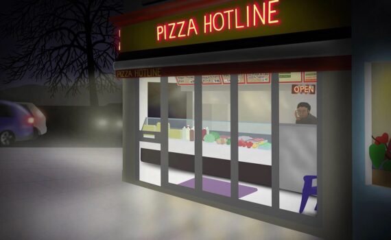 A drawing of a pizza takeaway outlet from the street in the evening, showing the name 'Pizza Hotline' in red neon lights.