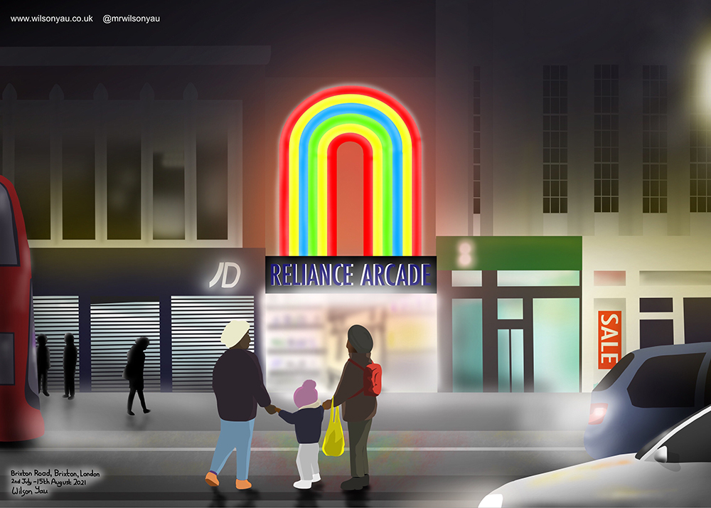 Nighttime, Reliance Arcade, Brixton Road, Brixton, London, England, drawn on an iPad 2nd July to 15th August 2021 (Drawing 1284, Wilson Yau)