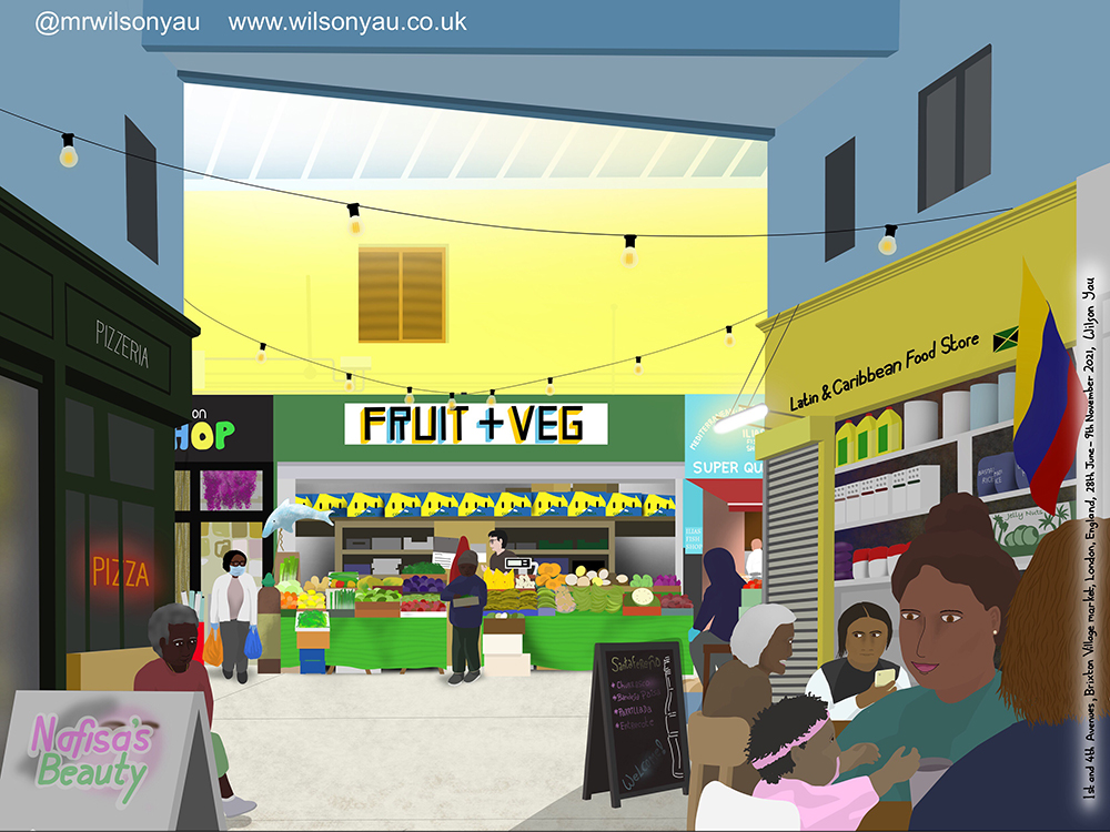 Colourful drawing of people in Brixton Village, Brixton