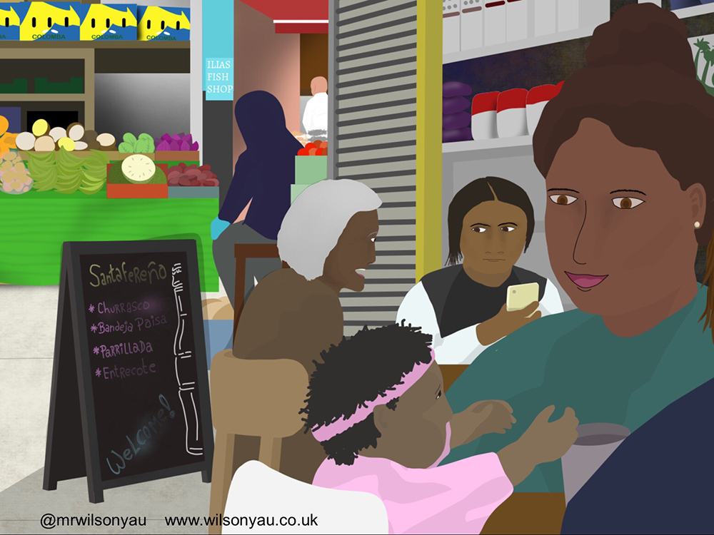 Colourful drawing of people in Brixton Village, Brixton