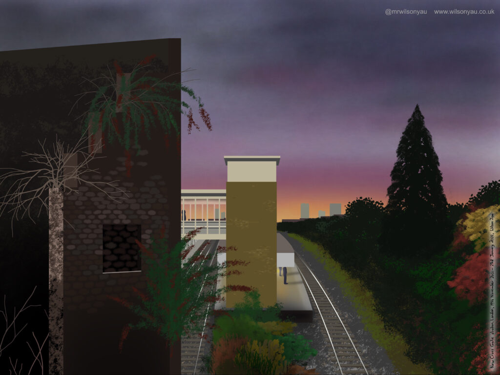 drawing of a sunset behind a dark ruined brick building and a lighter-coloured modern brick station building and platforms, railway lines and overgrown verges. 