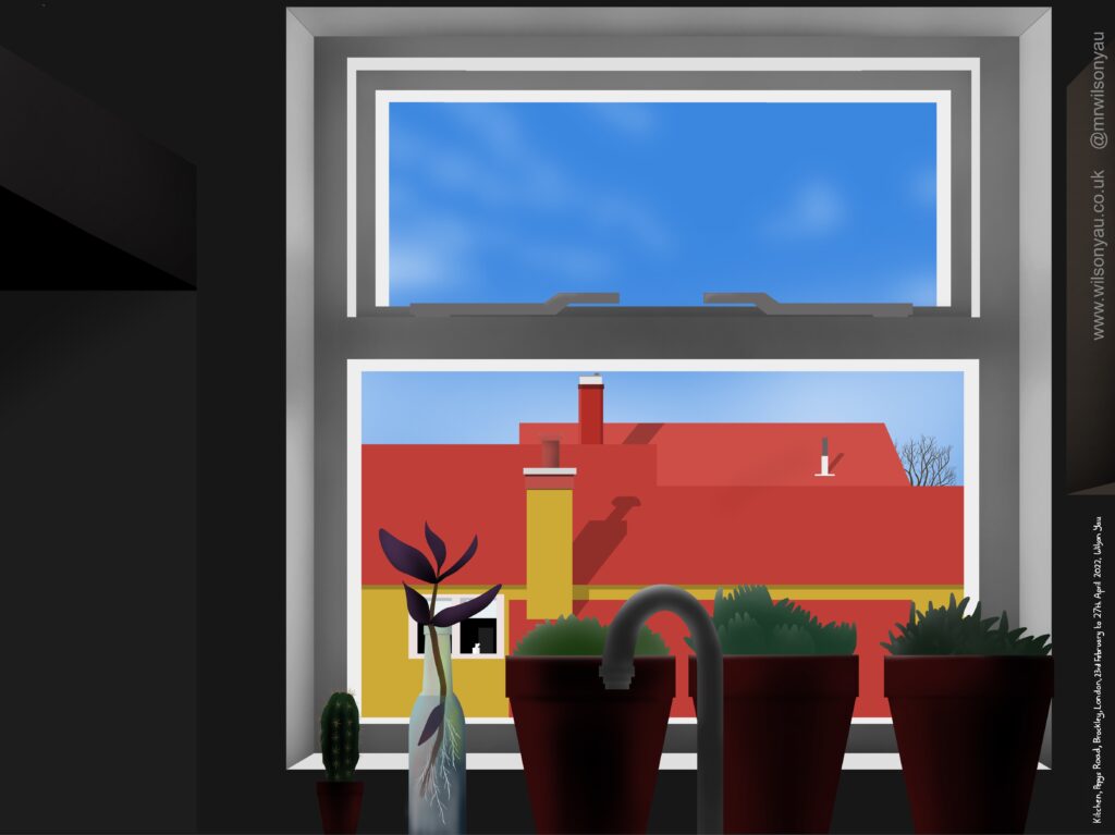 Drawing of the view looking out from a window. A tap, a clear glass bottle and four housplants in pots are in front of the window. The view is of red frooftops with chimneys and behind are blur skies