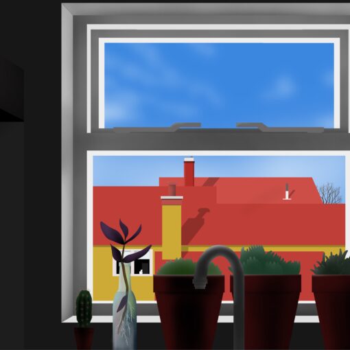 Drawing of the view looking out from a window. A tap, a clear glass bottle and four housplants in pots are in front of the window. The view is of red frooftops with chimneys and behind are blur skies