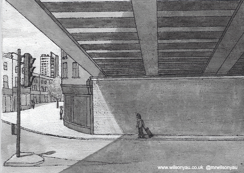 Black and white painting on a rectangular canvas showing the road under a railway bridge, the bridge is casting a very dark shadow on the road, there is no traffic and just one person walking under the bridge.