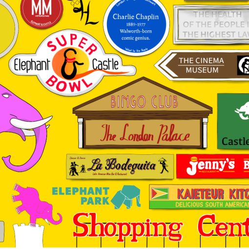 Colourful drawing of signage from Elephant and Castle, with images of pink elephants and shop signs.