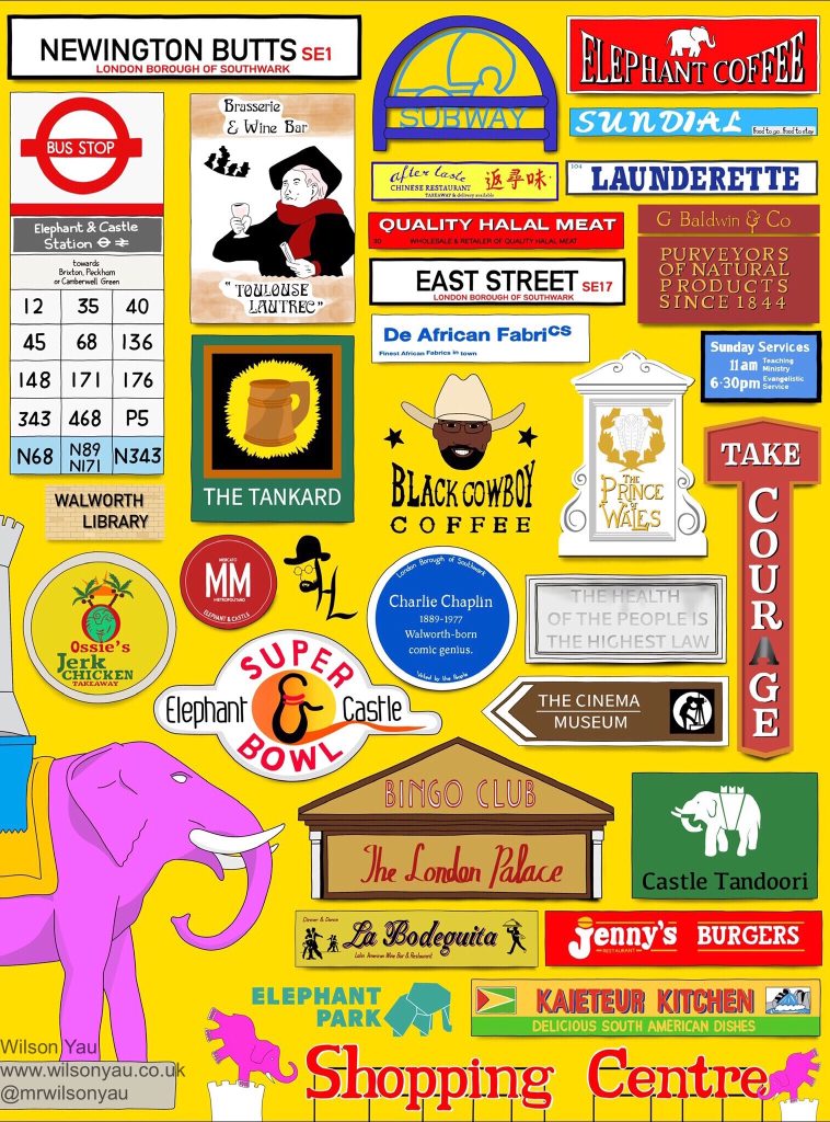 A colourful drawing with a large sign 'Shopping Centre' at the bottom, to the left is a large partial image of a pink elephant on a plinth and with a catle on its back. The remaining two thirds of the image feature signs from different shops, road signs and places, mostly rectangular or circular. The signs are mostly lettering, a few have images or logos. 