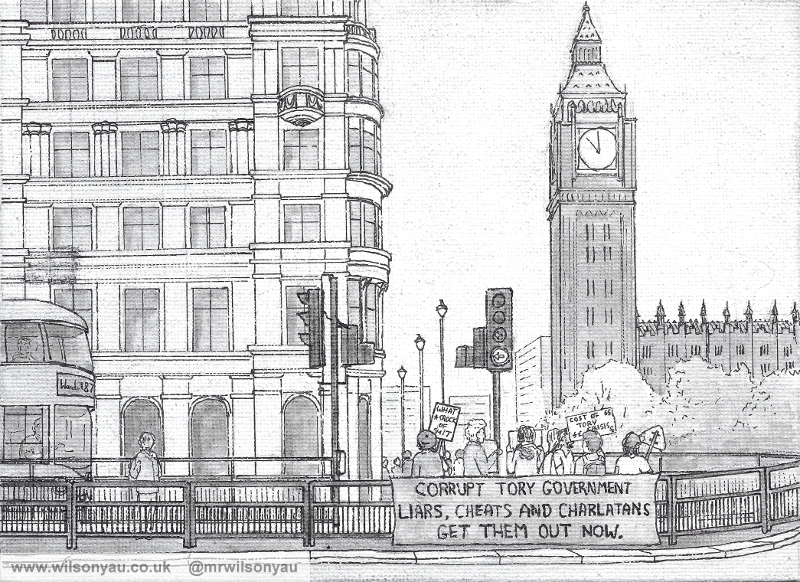 Black and white painting of a protest in the street, with the Elizabeth Tower and the House of Parliament in the background.