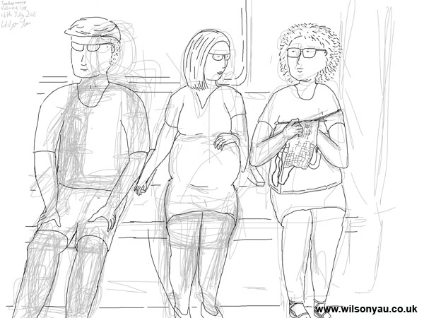 Sketch being worked over: Initial sketch: Pregnant woman and woman knitting, Victoria line, London, 16th July 2013