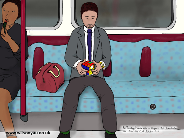 Solving a Rubik's cube, 9am Tuesday, Maida Vale to Regent's Park, Bakerloo line, 15th July 2014