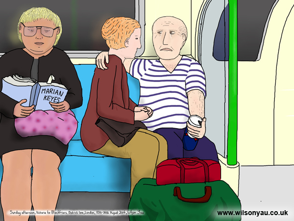 Man crying, Sunday afternoon, District line, London, 10th August 2014