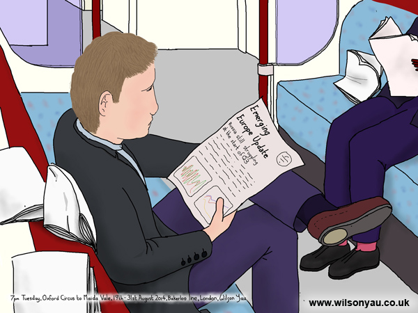 Reading financial reports, 7pm Tuesday evening, Oxford Circus to Maida Vale, Bakerloo line, 19th August 2014