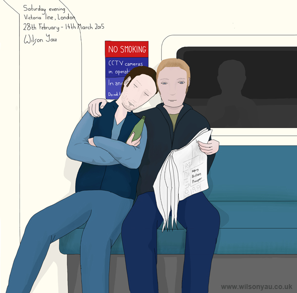 Two guys, 11pm Saturday, Oxford Circus to Brixton, Victoria line, London, 28th February 2015