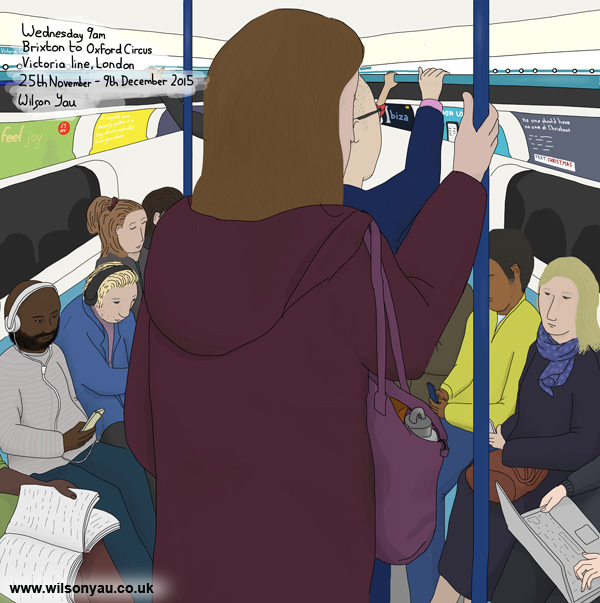 9am Wednesday morning, Brixton to Oxford Circus stations, Victoria line, London, 25th November 2015 (Drawing 575)