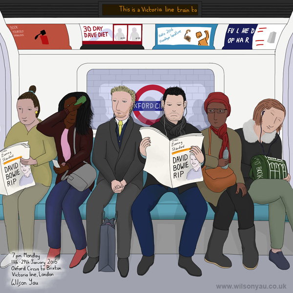 7pm Monday, Oxford Circus to Brixton stations, Victoria line, London, 11th January 2016 (Drawing 598)
