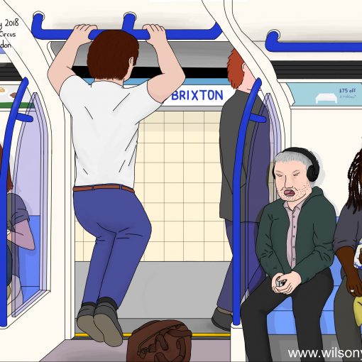 Pull ups in rush hour, 7.45am Monday, 21st May 2018, Brixton to Oxford Circus stations, Victoria line, London, England (Drawing 1115)