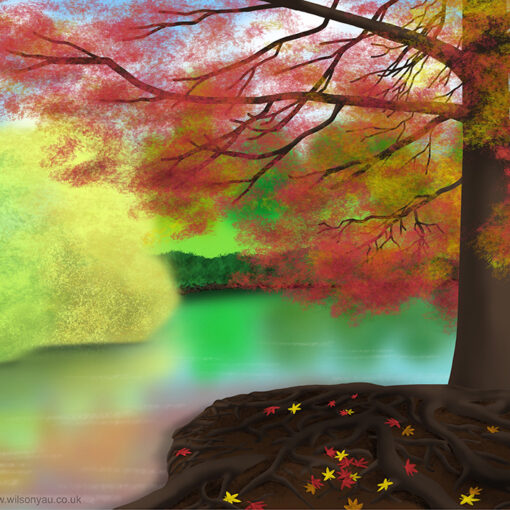 iPad drawing of a tree covered in red leaves next to a pond with reflections of trees.