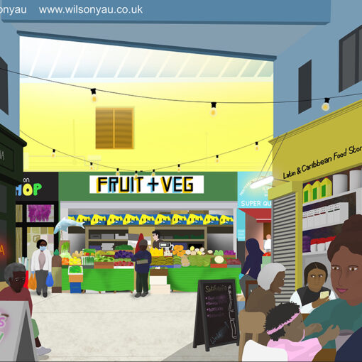 Colourful drawing of people in Brixton Village, Brixton