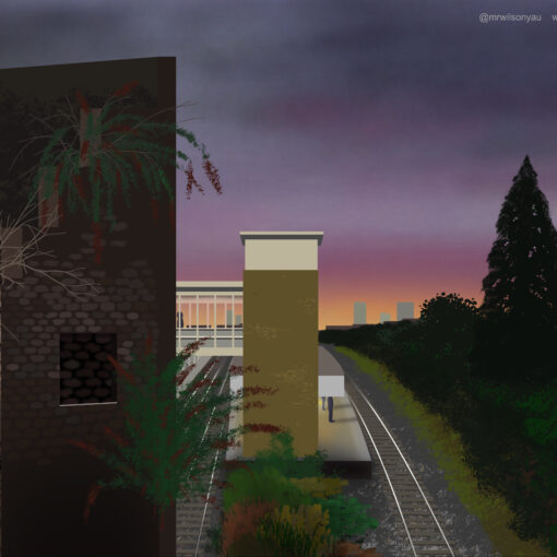 drawing of a sunset behind a dark ruined brick building and a lighter-coloured modern brick station building and platforms, railway lines and overgrown verges.