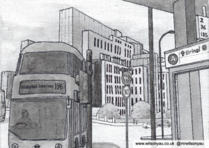 Black and white painting on rectangular canvas, showing natural and urban sights in south London.